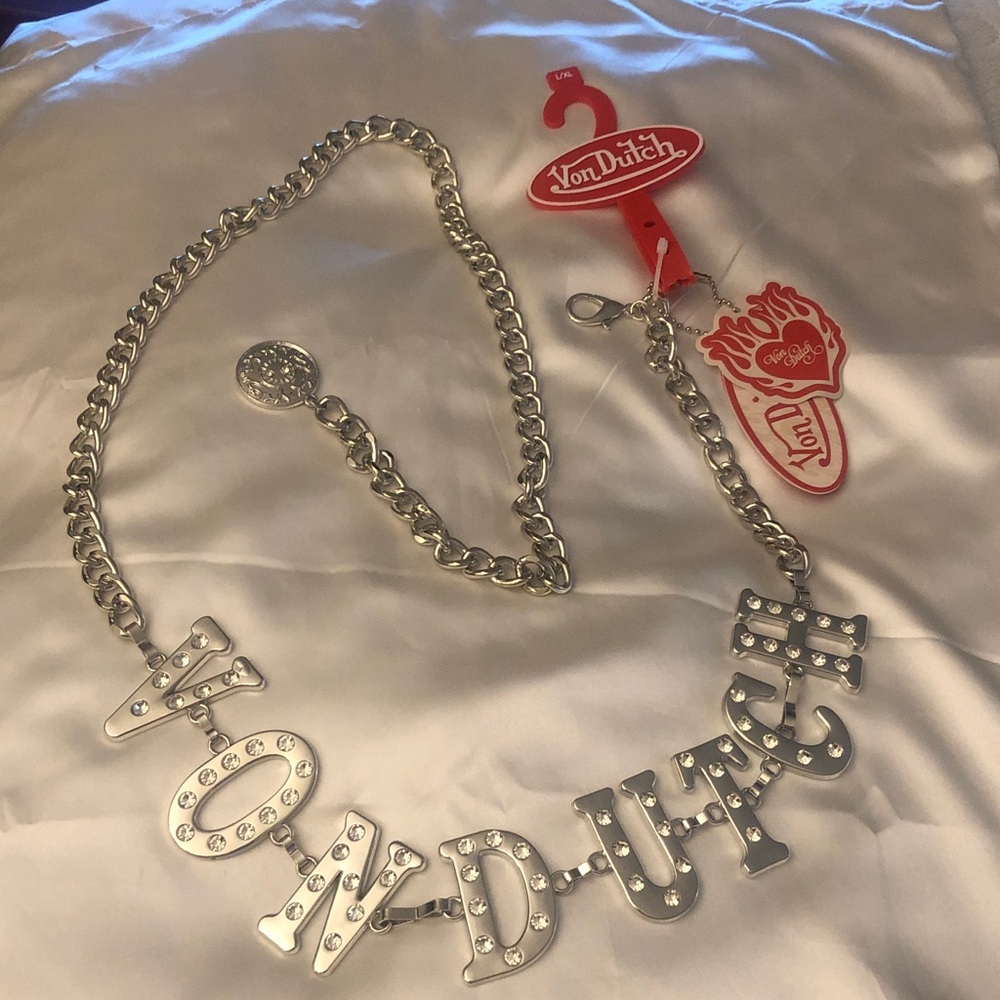 Von Dutch Silver Tone Chain Belt VON DUTCH Logo With Rhinestones Size L/XL NWT